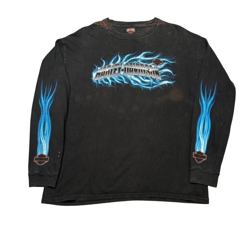 Y2K Harley Davidson Blue Flame Long Sleeve T Shirt Men's XL Biker Faded